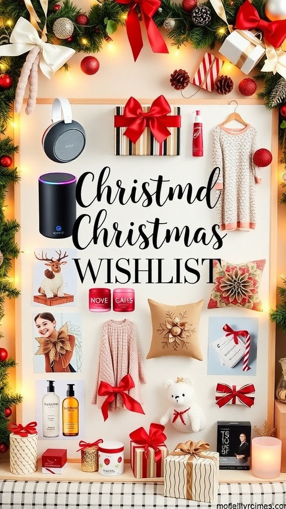 Creative Christmas Wishlist Ideas A festive Christmas wishlist board showcasing diverse gift ideas including gadgets, fashion, home decor, and self-care products.